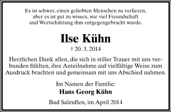 Anzeige  Ilse Kühn  Lippische Landes-Zeitung