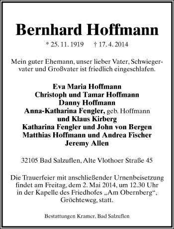 Anzeige  Bernhard Hoffmann  Lippische Landes-Zeitung
