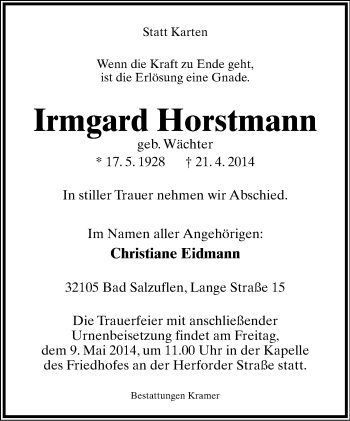 Anzeige  Irmgard Horstmann  Lippische Landes-Zeitung
