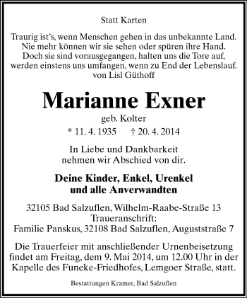 Anzeige  Marianne Exner  Lippische Landes-Zeitung