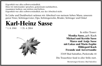 Anzeige  Karl-Heinz Sasse  Lippische Landes-Zeitung