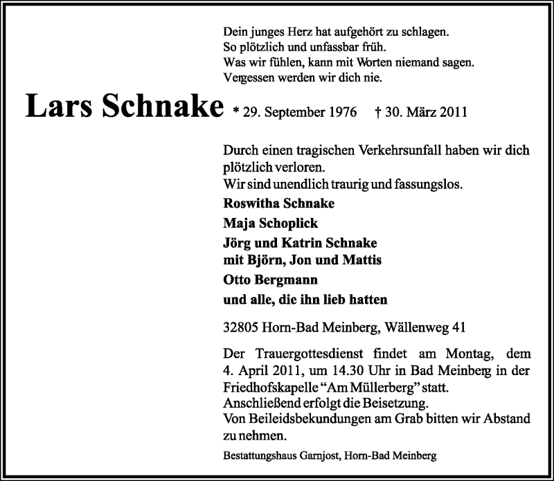  Traueranzeige für Lars Schnake vom 02.04.2011 aus Lippische Landes-Zeitung