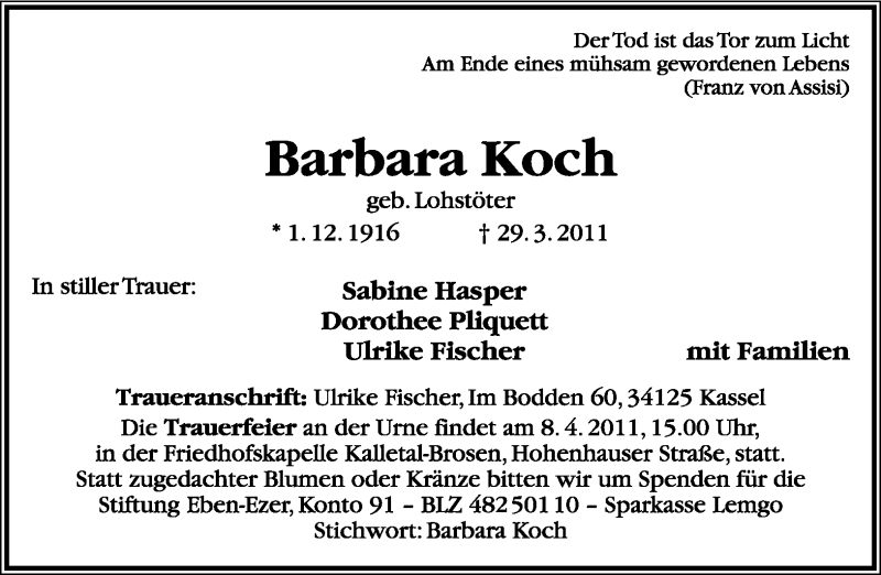  Traueranzeige für Barbara Koch vom 04.04.2011 aus Lippische Landes-Zeitung