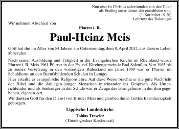 Anzeige  Paul-Heinz Meis  Lippische Landes-Zeitung