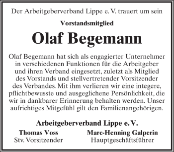 Anzeige  Olaf Begemann  Lippische Landes-Zeitung