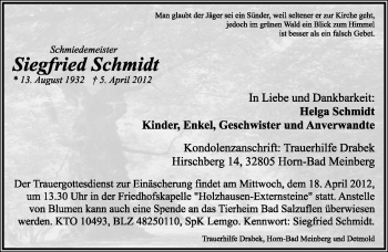 Anzeige  Siegried Schmidt  Lippische Landes-Zeitung