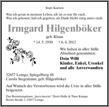 Anzeige  Irmgard Hilenböker  Lippische Landes-Zeitung
