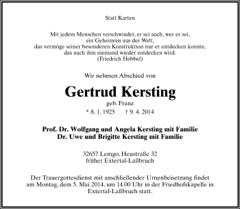 Anzeige  Gertrud Kersting  Lippische Landes-Zeitung