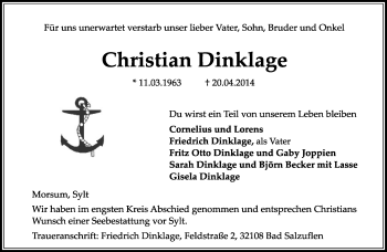 Anzeige  Christian Dinklage  Lippische Landes-Zeitung