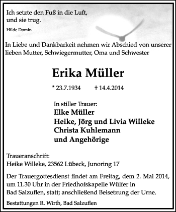 Anzeige  Erika Müller  Lippische Landes-Zeitung