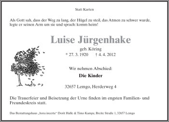 Anzeige  Luise Jürgenhake  Lippische Landes-Zeitung