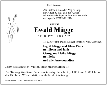 Anzeige  Ewald Mügge  Lippische Landes-Zeitung