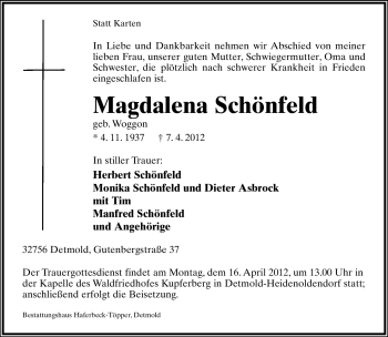 Anzeige  Magdalena Schönfeld  Lippische Landes-Zeitung