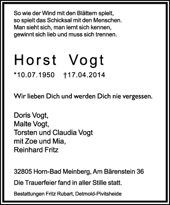 Anzeige  Horst Vogt  Lippische Landes-Zeitung