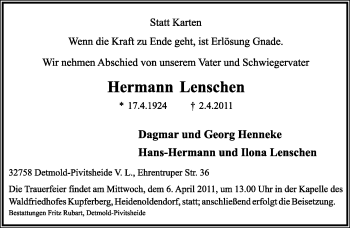 Anzeige  Hermann Lenschen  Lippische Landes-Zeitung