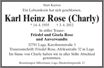Anzeige  Karl Heinz Rose  Lippische Landes-Zeitung