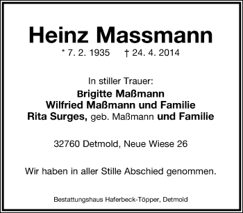 Anzeige  Heinz Massmann  Lippische Landes-Zeitung