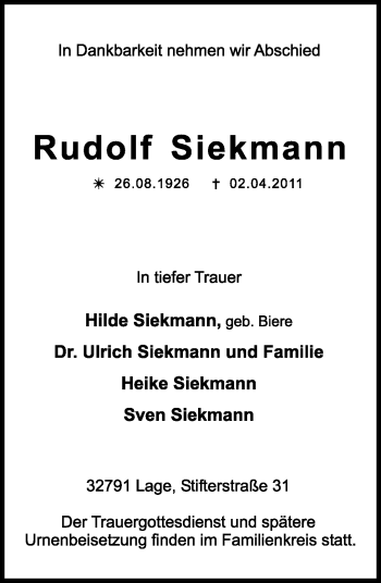 Anzeige  Rudolf Siekmann  Lippische Landes-Zeitung