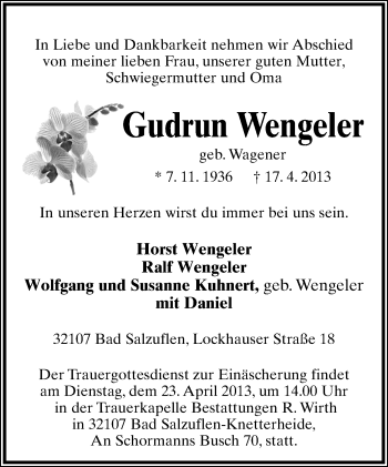 Anzeige  Gudrun Wengeler  Lippische Landes-Zeitung