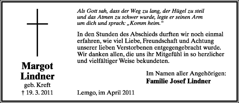  Traueranzeige für Margot Lindner vom 06.04.2011 aus Lippische Landes-Zeitung