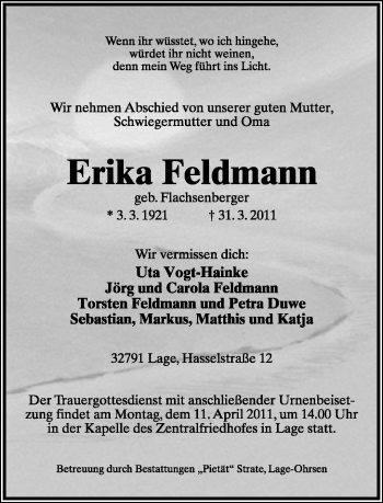 Anzeige  Erika Feldmann  Lippische Landes-Zeitung
