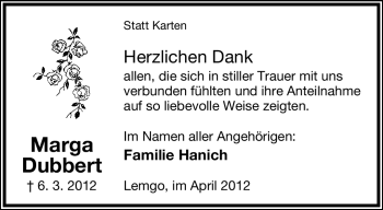 Anzeige  Marga Dubbert  Lippische Landes-Zeitung