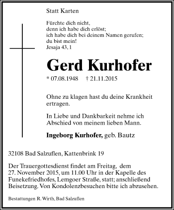 Anzeige  Gerd Kurhofer  Lippische Landes-Zeitung