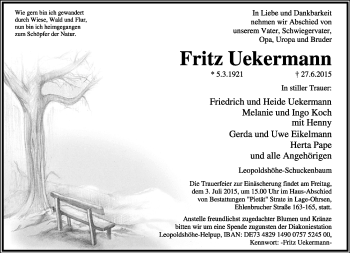 Anzeige  Fritz Uekermann  Lippische Landes-Zeitung