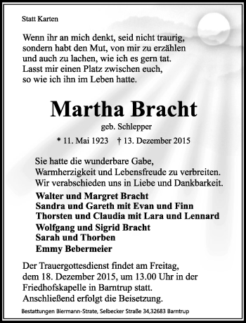 Anzeige  Martha Bracht  Lippische Landes-Zeitung