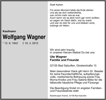 Anzeige  Wolfgang Wagner  Lippische Landes-Zeitung