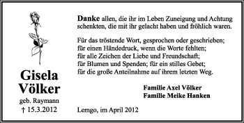 Anzeige  Gisela Völker  Lippische Landes-Zeitung