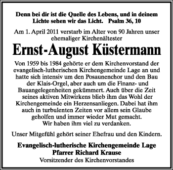 Anzeige  Ernst-August Küstermann  Lippische Landes-Zeitung