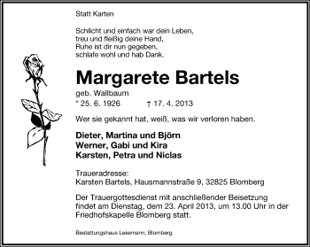 Anzeige  Margarete Bartels  Lippische Landes-Zeitung