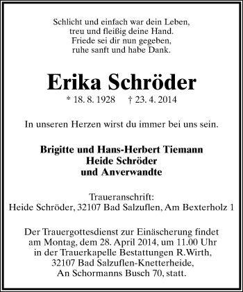 Anzeige  Erika Schröder  Lippische Landes-Zeitung
