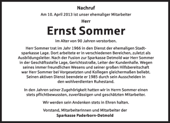 Anzeige  Ernst Sommer  Lippische Landes-Zeitung