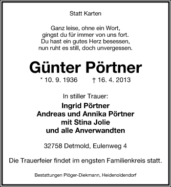 Anzeige  Günter Pörtner  Lippische Landes-Zeitung