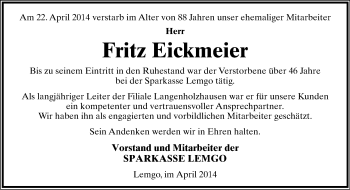 Anzeige  Fritz Eickmeier  Lippische Landes-Zeitung