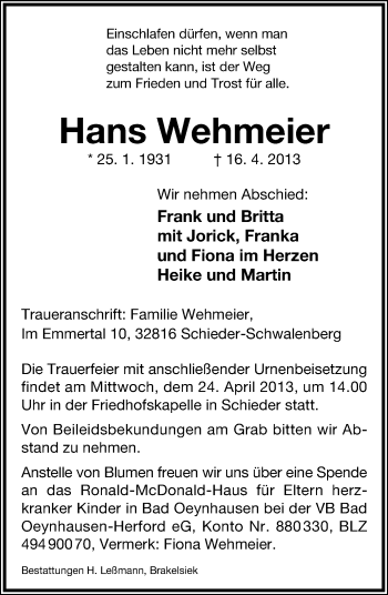 Anzeige  Hans Wehmeier  Lippische Landes-Zeitung