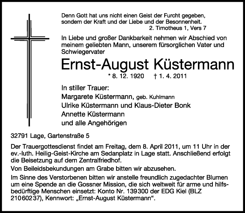  Traueranzeige für Ernst-August Küstermann vom 05.04.2011 aus Lippische Landes-Zeitung