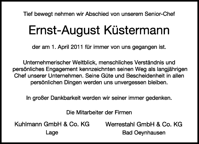  Traueranzeige für Ernst-August Küstermann vom 05.04.2011 aus Lippische Landes-Zeitung