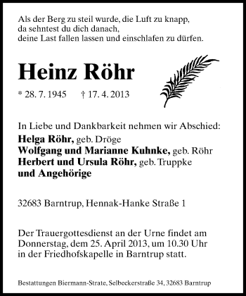 Anzeige  Heinz Röhr  Lippische Landes-Zeitung