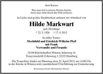Anzeige  Hilde Markwart  Lippische Landes-Zeitung