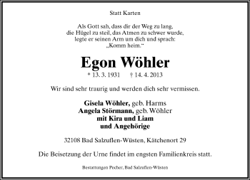Anzeige  Egon Wöhler  Lippische Landes-Zeitung