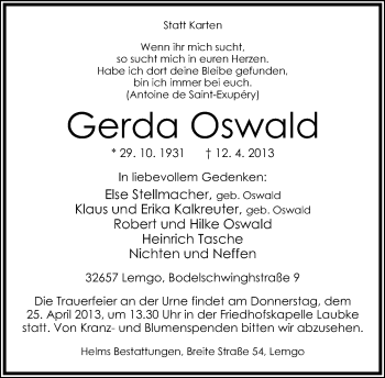 Anzeige  Gerda Oswald  Lippische Landes-Zeitung