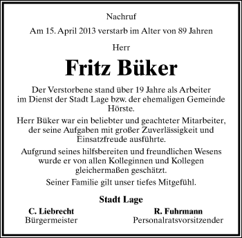 Anzeige  Fritz Büker  Lippische Landes-Zeitung