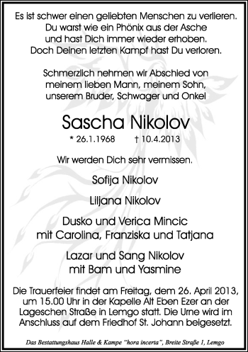 Anzeige  Sascha Nikolov  Lippische Landes-Zeitung