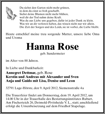 Anzeige  Hanna Rose  Lippische Landes-Zeitung