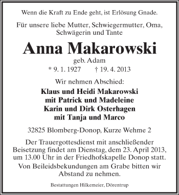 Anzeige  Anna Makarowski  Lippische Landes-Zeitung