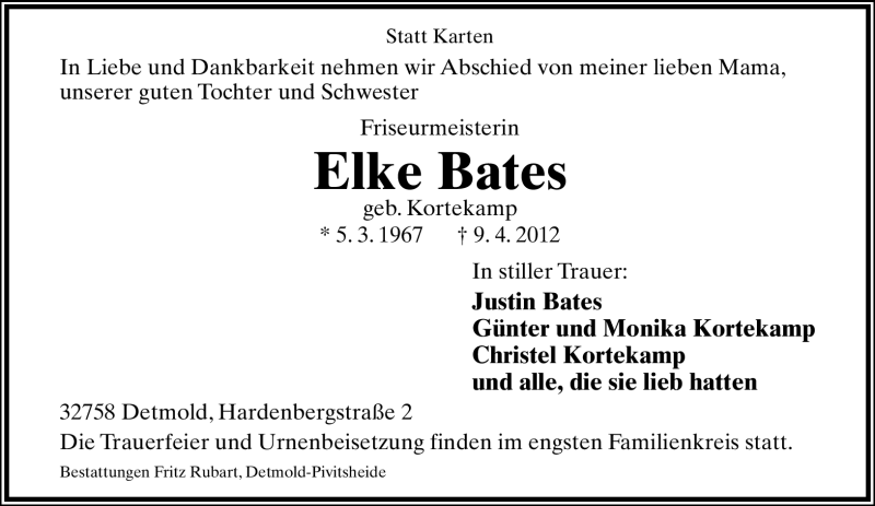  Traueranzeige für Elke Bates vom 14.04.2012 aus Lippische Landes-Zeitung