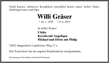 Anzeige  Willi Gräser  Lippische Landes-Zeitung